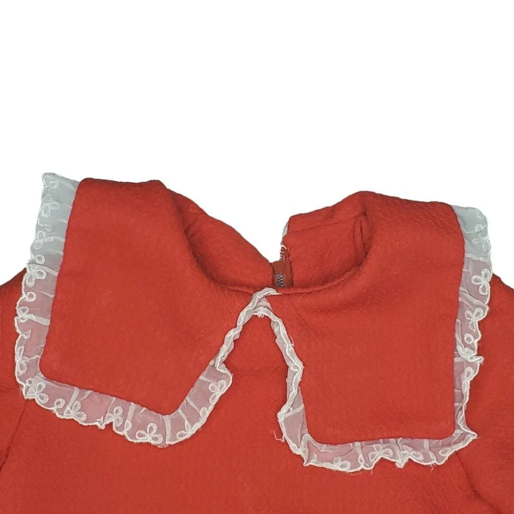 Vintage 50s 60s Girls Red Textured Dress Short Large Collar 18 Month Lace‎ Trim
